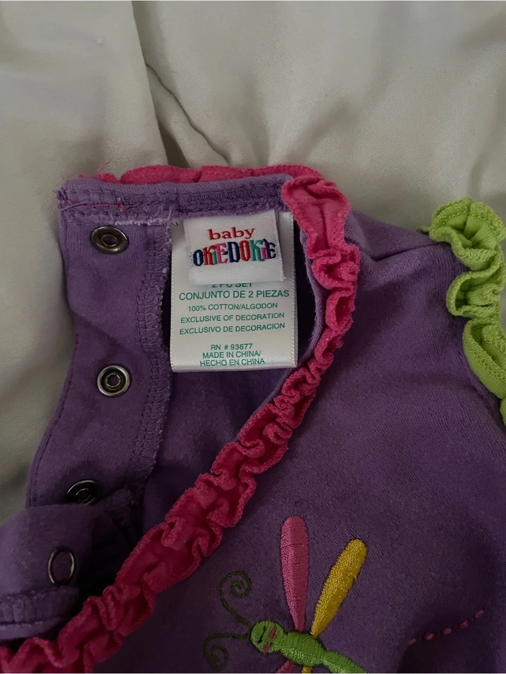Vintage Y2K Okie Dokie Baby Girl Ruffle Romper Purple Dragonfly Embroidered 3-6m